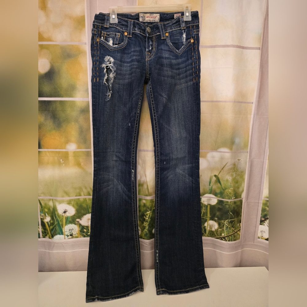 MEK Denim Oaxaca Bootcut Jeans – Size 27 (30x34) Dark Wash • Distressed